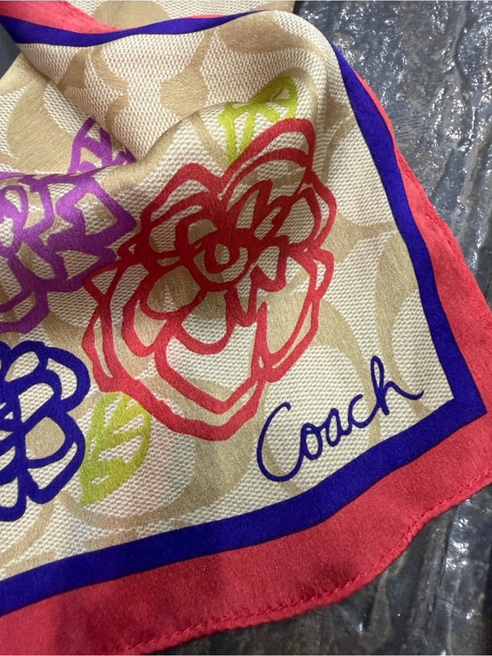 Coach Poppy Oblong Silk Scarf with Signature C Pattern & Floral Bloom, Like New - Picture 2 of 6
